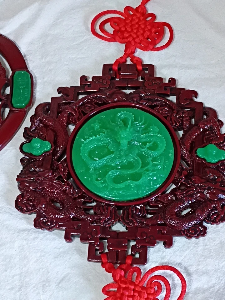 Pair Vintage Chinese Culture Faux Jade Wall Hangings Good Luck Charm B29 - Image 3 of 4