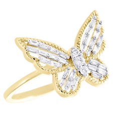 14K Yellow Gold Baguette Diamond Women's Milgrain Butterfly Cocktail Ring 1/4 CT