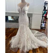 Elegant Mermaid Lace Wedding Dresses Spaghetti Straps Chapel Train Bridal Gowns