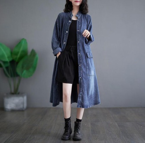 Neu Damen Jeansjacke locker lang Jeans Mantel lässig geknöpft Oberbekleidung große Taschen - Bild 4 von 7