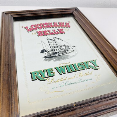 Original Louisiana Belle Rye Whisky Barspiegel mit Holzrahmen Wandspiegel Rare