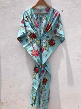 Women Cotton Aqua Summer Sleepwear Beach Cover Floral Print Long Caftan Dress