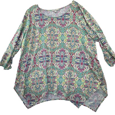 Sunny Leigh Art To Wear Women s Plus 2x Colorful Paisley Print 3/4 Sleeve Top