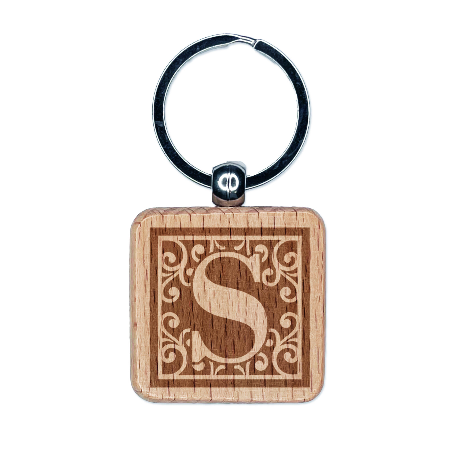 Monogram Swirls Capital Letter S Engraved Wood Square Keychain Tag Charm