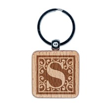Monogram Swirls Capital Letter S Engraved Wood Square Keychain Tag Charm