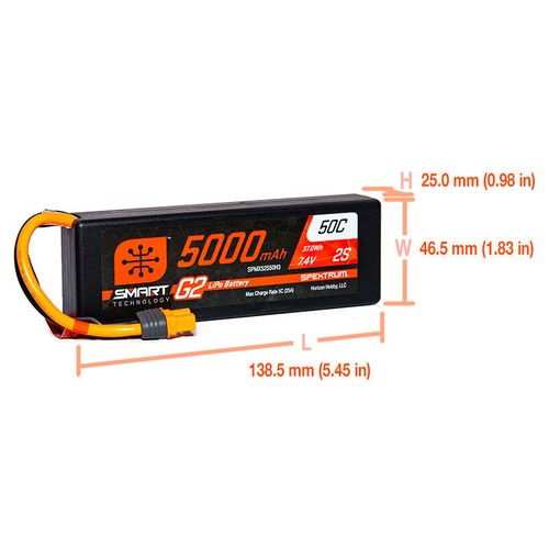 Spektrum SPMX52S50H3 5000 mAh 2S 7,4 V Smart G2 LiPo 50C Custodia Rigida IC3 - Foto 2 di 2