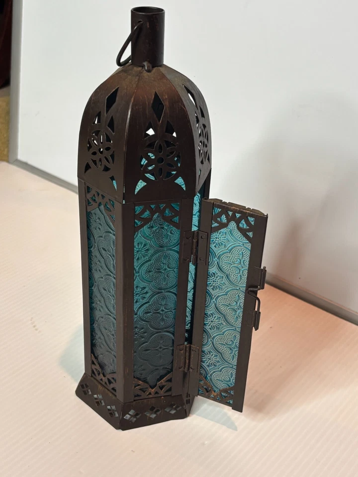 Linterna colgante marroquí de vidrio azul incienso palo quemador difusor soporte metal Foto 3 de 4