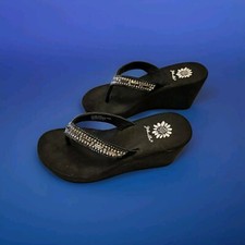 Ladies Size 8 Yellow Box Black Crystals Wedge Thong Sandles