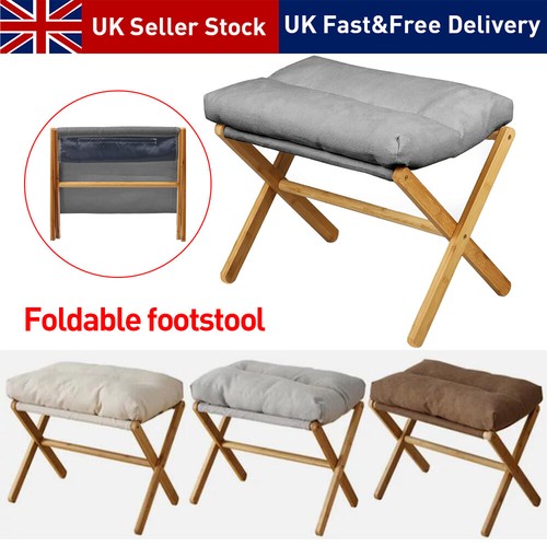Bamboo Foldable Footstool Wood Soft Foot Rest Shoe Changing Stool W/ Coffee Pad - Picture 3 of 20