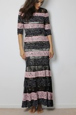 Long Lace Evening Gown Maxi Black Pink Sleeve Cocktail Party Prom Dress UK8