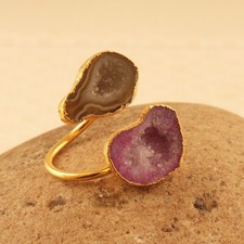 Pink Gray Geode Druzy Gold Electroplated Adjustable Double Stone Statement Ring