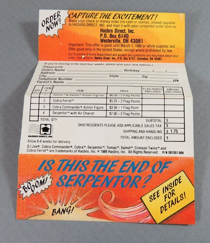 G. I. Joe ARAH Series 1988 Order Form Is The End of Serpentor? 3" Cobra Commande