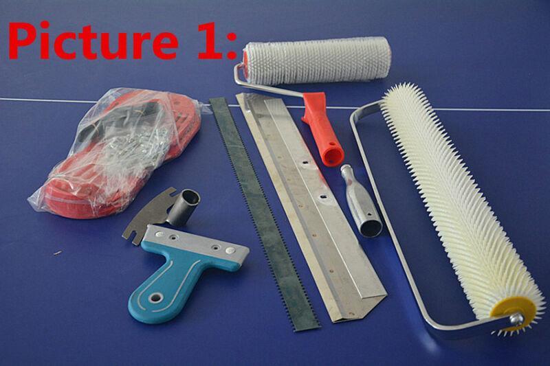 Self-leveling epoxy floor paint kit with roller blade spike tool for smooth construction