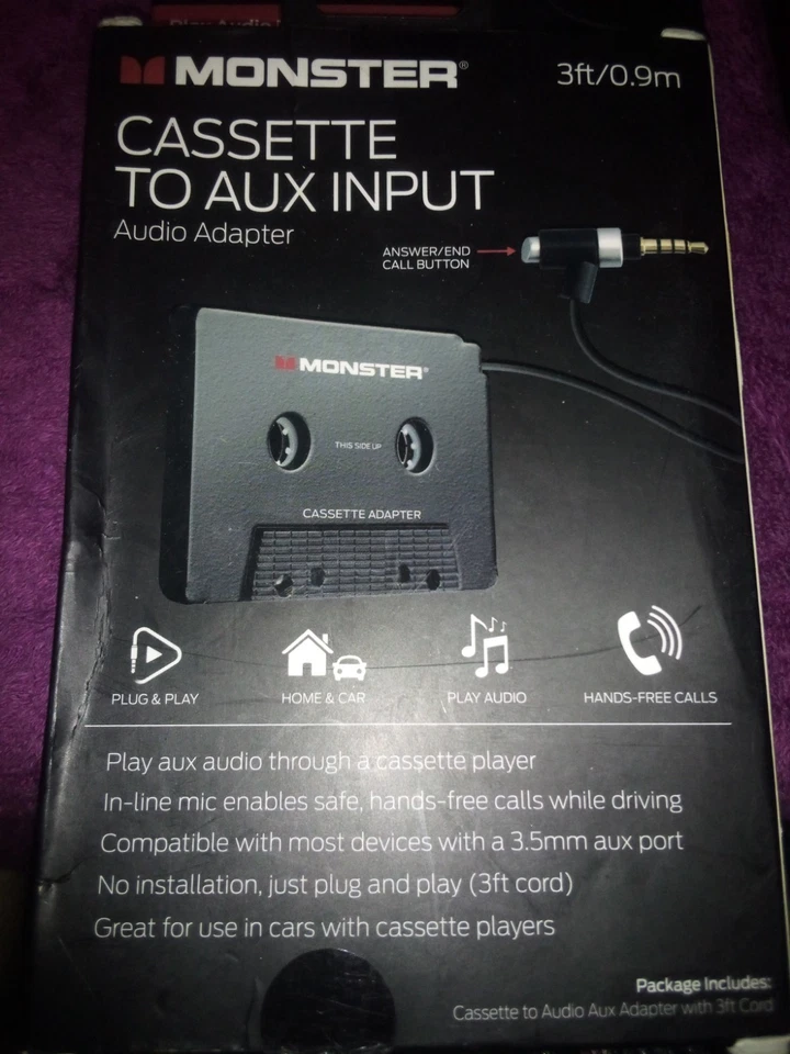 MONSTER Cassette to 3.5mm Aux Input Audio Adapter Hands Free Home, Car New Lot 1 - Image 3 of 3