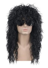 70s 80s Rocker Metal Mullet Wig Mens Long Curly Black Wig for Halloween Costu...
