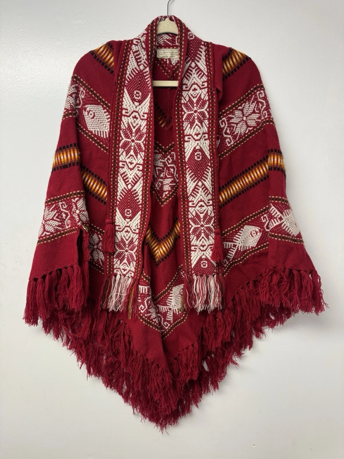 Vintage Colombian Ruana Poncho Red Wool Blend Fringe Shawl San Martin Artisan OS