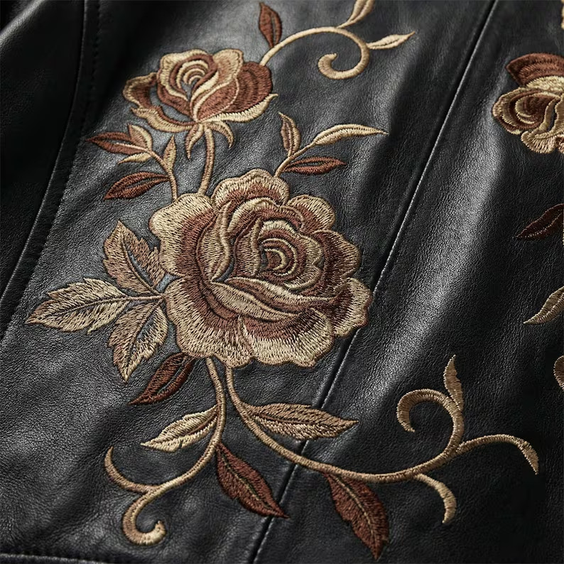 Women’s Handmade Embroidered Leather Jacket, Floral Embroidery Real Leather Pers image 4