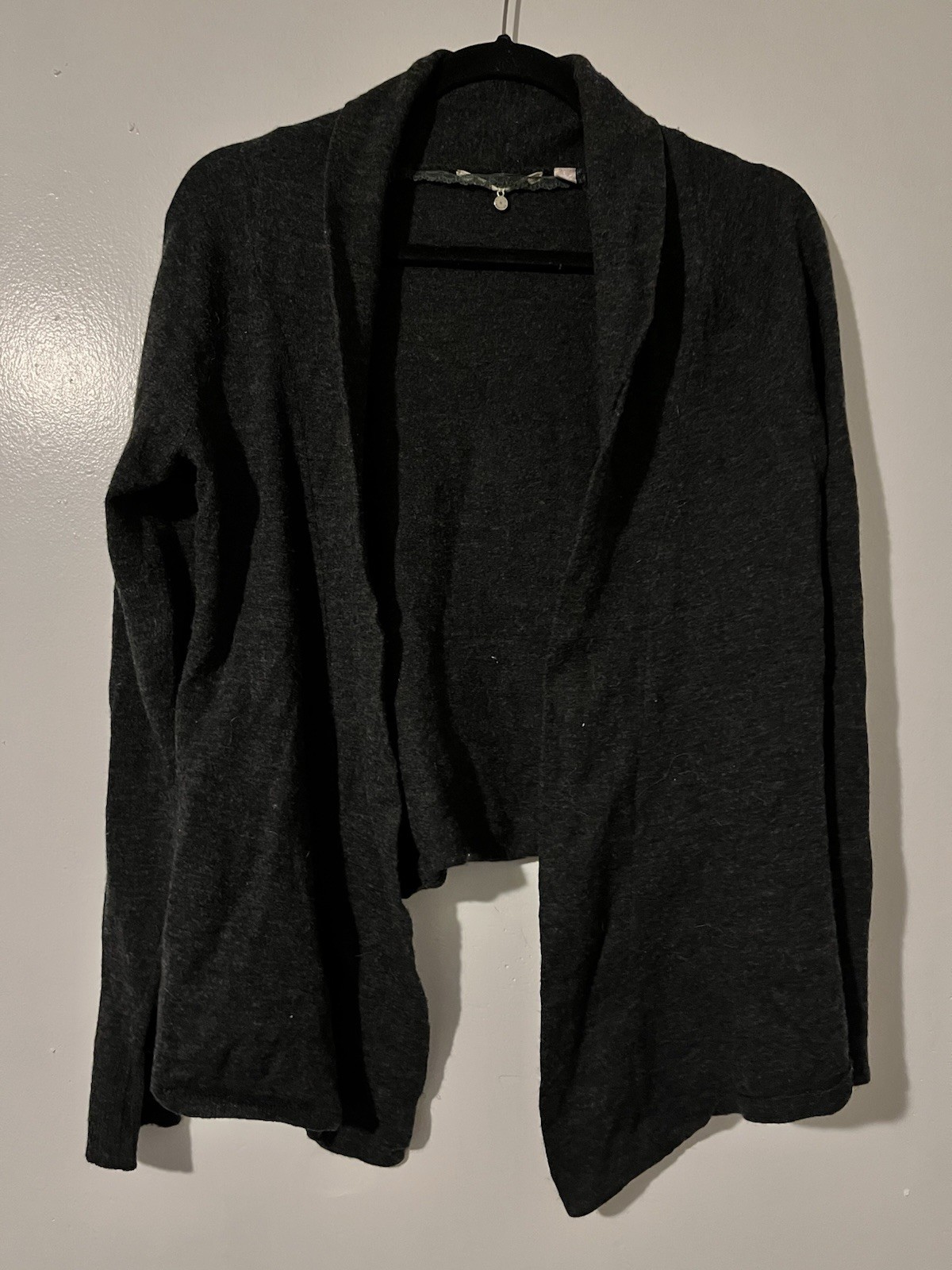 Anthropologie Knitted Knotted Grey Wool Open Front Cardigan Size Large