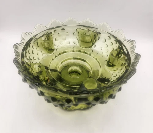 Fenton Colonial Green Glass Sawtooth Hobnail Pedestal 6 Candle Holder Vintage