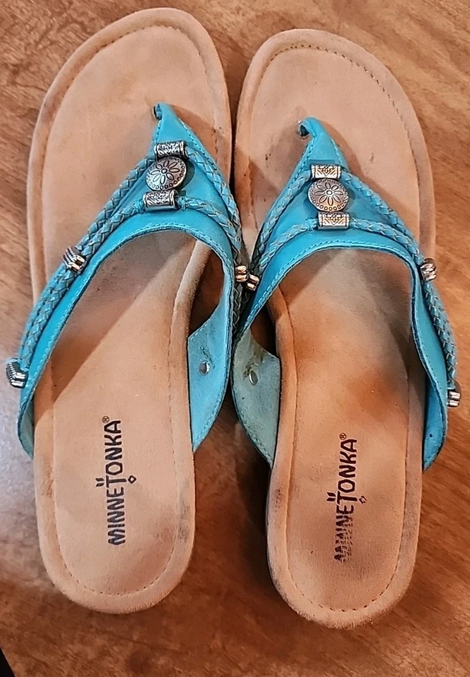 Minnetonka verde azulado astillado cuero real abatible talla 9 Foto 4 de 4