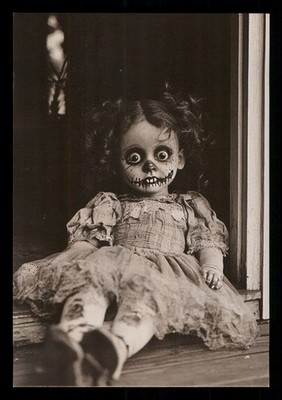 Stitched Mouth Doll Sitting on Doorstep Creepy Horror Photo Card 4x5.5 Reprint