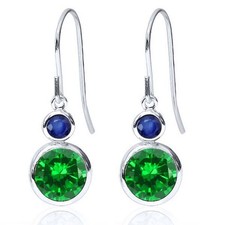 925 Sterling Silver Simulated Emerald and Sapphire Leverback Dangle Earrings
