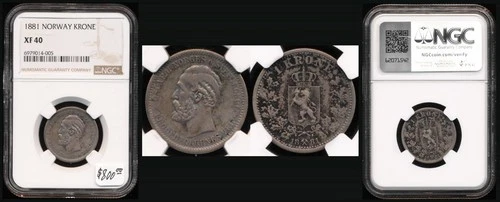 🔥1881 NORWAY KRONE NGC XF40 (RARE THIS WELL PRESERVED !!)🔥NR & FREE SHIPPING🔥