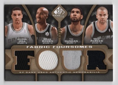 SP Game Used - Fabric Foursomes Tim Duncan, Tony Parker, Bruce Bowen, G Hill /35