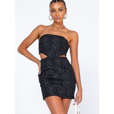 Princess Polly Naomi Cut Out Strapless Textured Floral Black Mini Dress Size 4