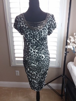 Boston Proper Andrea Behar Leopard Jeweled Black Dress Size M