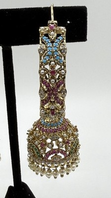 Gold-Tone Jhumka Earrings with Pearl, Ruby, Turquoise Accents   Statement Bridal