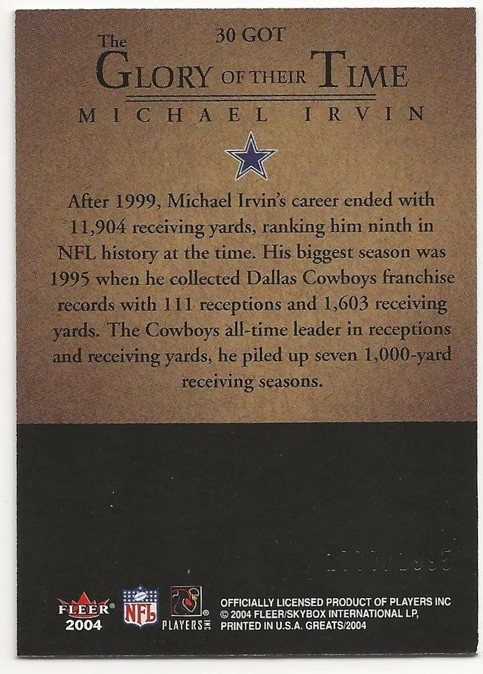 2004 Fleer Greats The Glory of their Time Michael Irvin /1995 #30GOT - Image 2 of 2