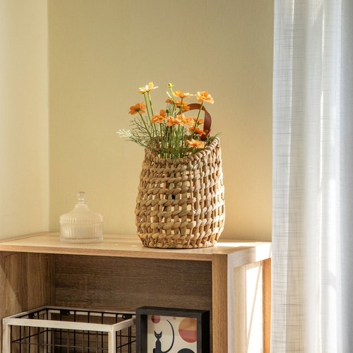 Cesta colgante tejida a mano jacinto de agua mango de cuero sintético almacenamiento decorativo - Imagen 12 de 15