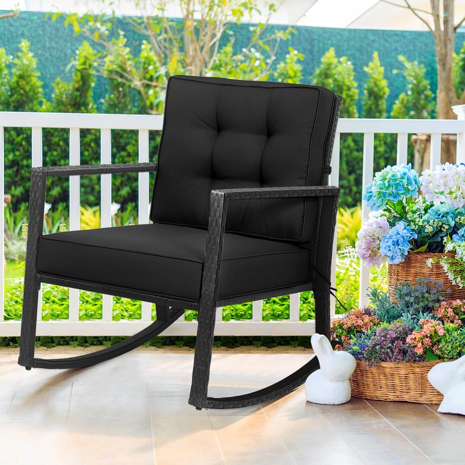 Patio Rattan Rocker Chair Outdoor Glider Rocking Chair Cushion Lawn Black Foto 3 de 4