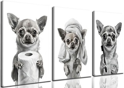 3 Pcs Funny Chihuahua Bathroom Canvas Wall Art Black and White Dog Poster Pri...