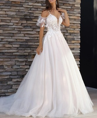 Boho Brautkleid Hochzeitskleid Maßanfertigung 32-60 Spitze Weichtüll Träger