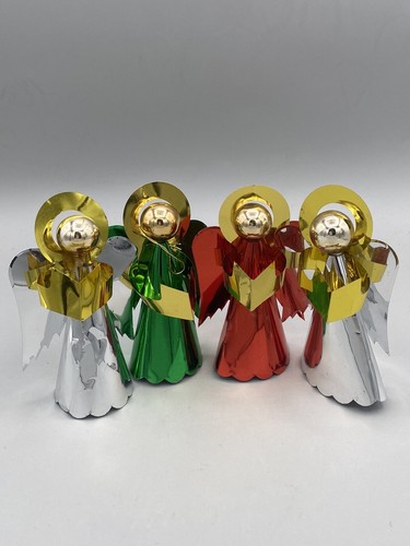 VTG Lot 4 Foil Caroling Angels 2 Silver 1 Red 1 Green 3-3/4 Inches Tall - 第 1/9 張圖片