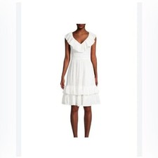 CALVIN KLEIN Ruffled V-back Banded Waist Layered Flutter Sleeve Fit flare 16