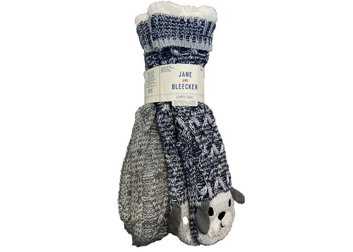 Jane and Bleecker Womens Navy Dog/Gray Knit Slipper Socks, Pr
