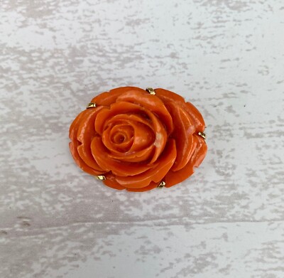 Vintage 14k Yellow Gold Carved Coral Pink Rose Flower Brooch Pin 585