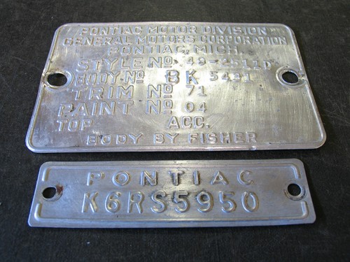 1949 49 PONTIAC 2 DOOR SEDAN CHIEFTAIN COWL DATA BODY TAG TRIM CODE PLATE - Picture 2 of 3
