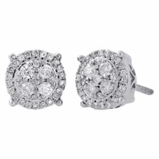 10K White Gold Diamond Circle Studs Small 8.15mm Halo Cluster Earrings 0.50 Ct.