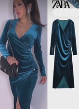 ZARA BLUE Velvet plunge neck DRESS Small UK 8 NEW