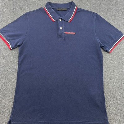 Prada Red Tab Polo Shirt Herren Large Navy Button Cotton Navy Blue