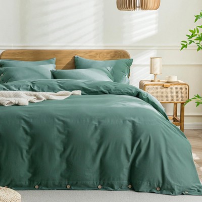 Full Size 100% Cotton Duvet Cover, 3pc Washed Linen Set -Dark Green 80''x90