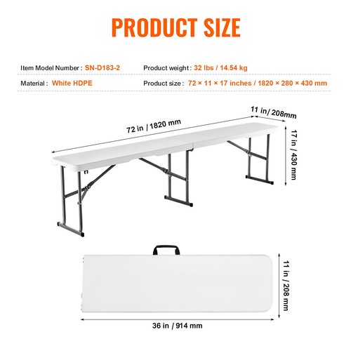HDPE 6ft Folding Bench w/ 19mm Steel Legs, Waterproof & Portable, 2-Pack - Picture 7 of 12