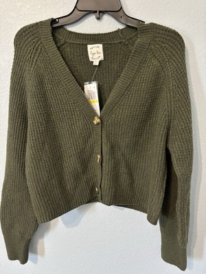 Hippie Rose Cardigan Sweater Womens Medium Olive Green Cropped Button Front NWT