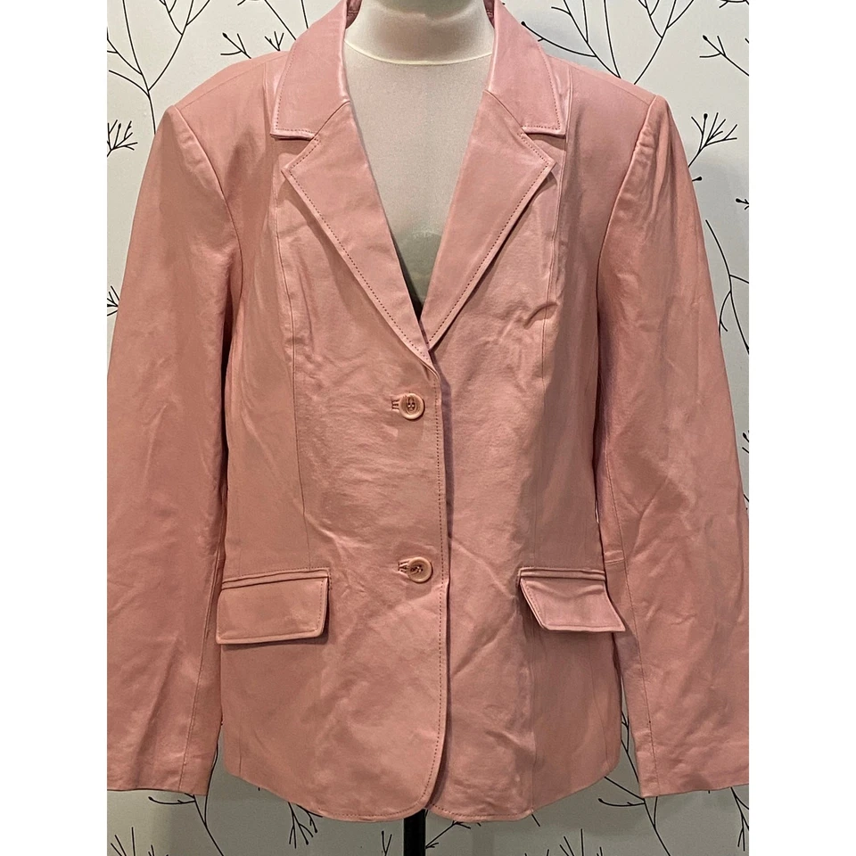 Chaqueta Blazer CHADWICKS of Boston Preciosa Rosa Bebé Claro 100% Cuero Talla 16 Foto 2 de 4