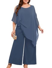 Plus Size Mother of The Bride Pant Suits Dressy 2 Piece Chiffon Asymmetric Ca...