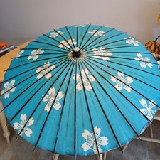 Vintage Bamboo Paper Parasol Umbrella   Blue Floral Design   32" Diameter